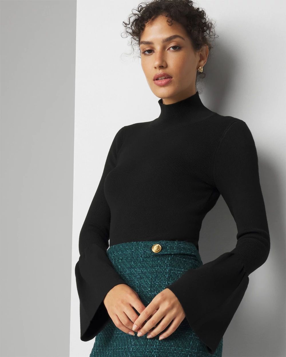 Women s Bell Sleeve Mock Neck Sweater in Black Size Medium White House Black Market Holiday Tops